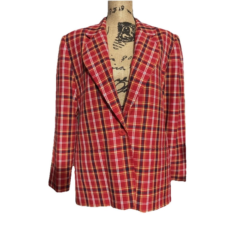 Leslie Fay Sportswear Women's Plaid Academia Red Plaid Blazer Vintage Size 10